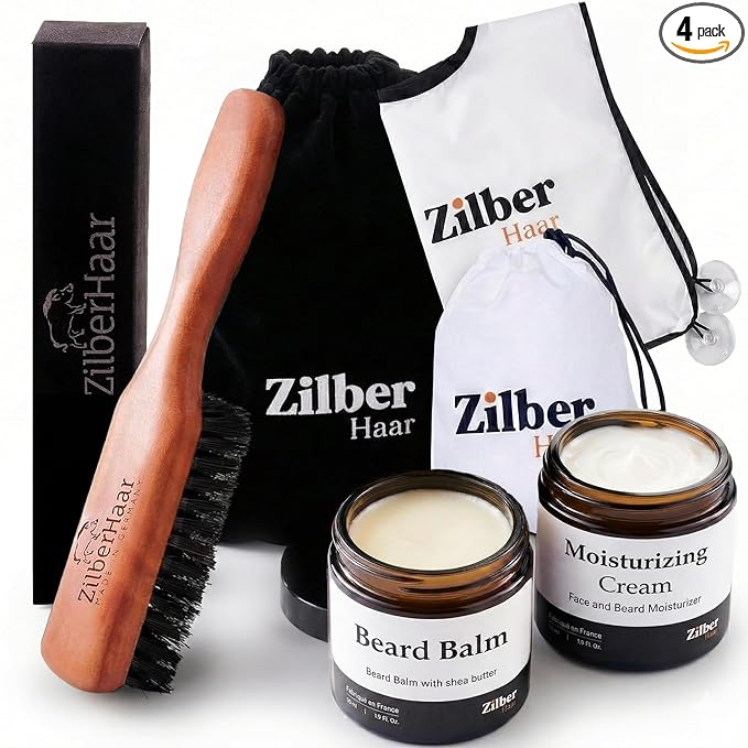 ZilberHaar - Beard Care Kit for Men - 1 Regular Beard Brush + 1 Beard Balm + 1 Moisturizing Cream + 1 Beard Bib - Stiff Boar Bristles and Beech Wood - Supplied in a Velvet Bag