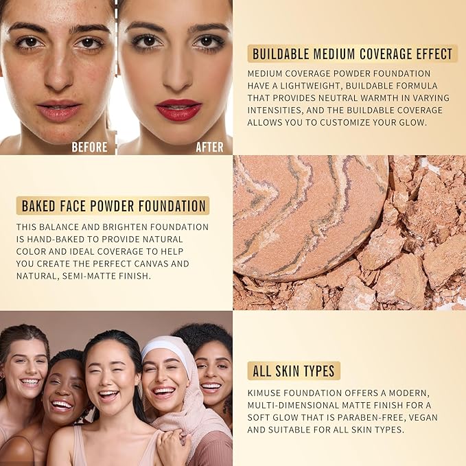 KIMUSE Baked Foundation, Brighten Color Correcting Powder Foundation, Lighting Glow Baked Foundation for Mature Skin, Buildable Coverage, Radiant Natural Finish