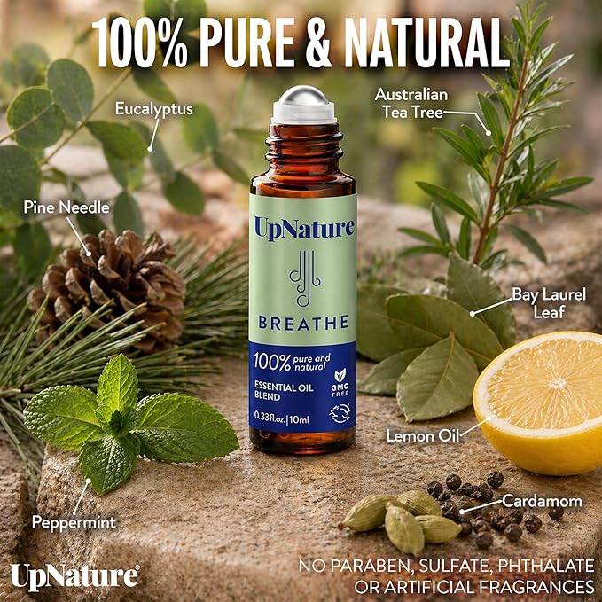 UpNature Breathe Essential Oil Roll On Blend – Natural Breathing Support - Premium Quality Essential Oils for Skin - Pure Blend of Peppermint, Tea Tree & Eucalyptus Oil