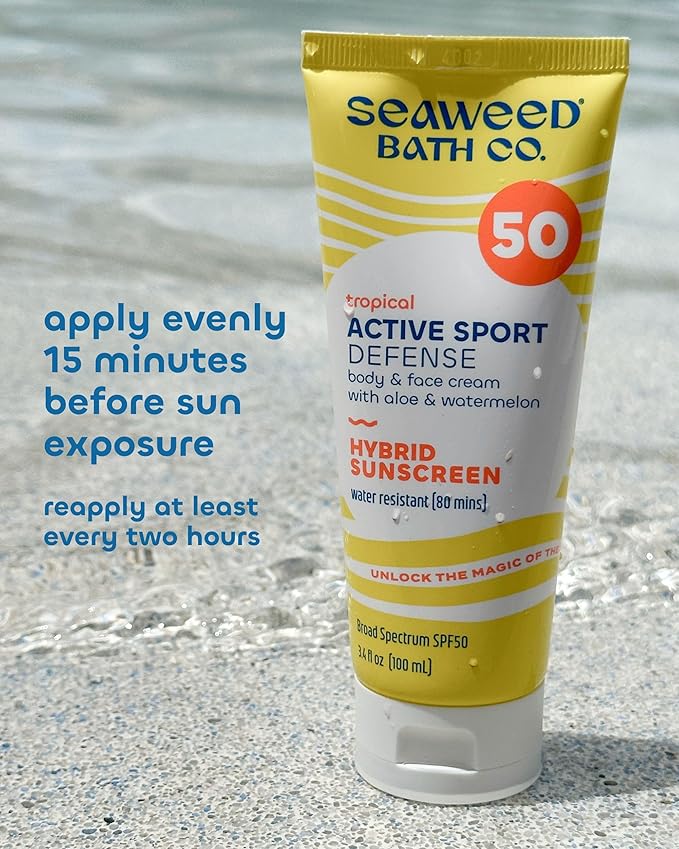 Seaweed Bath Co. Active Sport Defense Cream SPF 50 - Broad Spectrum Hybrid Sunscreen with Zinc Oxide, Aloe & Watermelon - Water Resistant Face and Body Daily Sunblock, 3.4 Ounce