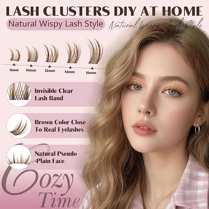 JMS&JMS Brown Lash Clusters Wispy Eyelash Clusters with Spikes Natural Lash Extensions Brown Manga Lashes 8-16mm Cluster Eyelashes Extensions C-Curly Anime Eye Lashes