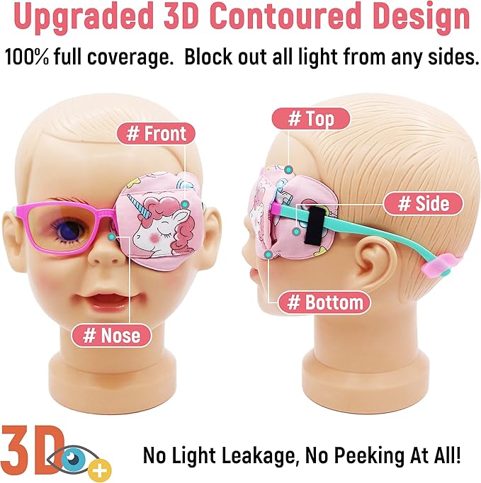 Astropic 3D Cotton & Silk Eye Patch for Kids | Girls Eye Patch for Glasses | Medical Eyepatch for Children with Lazy Eye (Pink Unicorn, Left Eye)