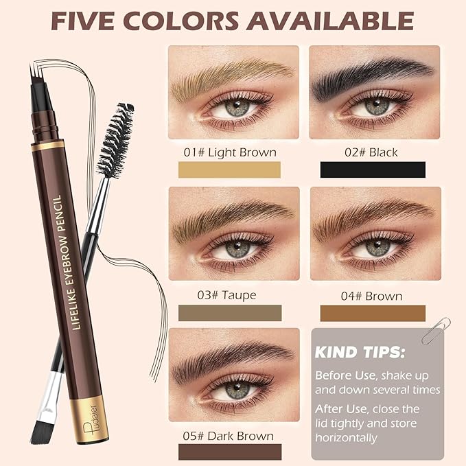 2PCS Microblading Eyebrow Pencil with Eyebrow Brush, Black Microblading Eye-brow Pencils for Women, 2-In-1 Waterproof Eyebrow Pen with 4-Fork & Ultra-Precise Tips for Hair-Like Eyebrow Makeup (Black)