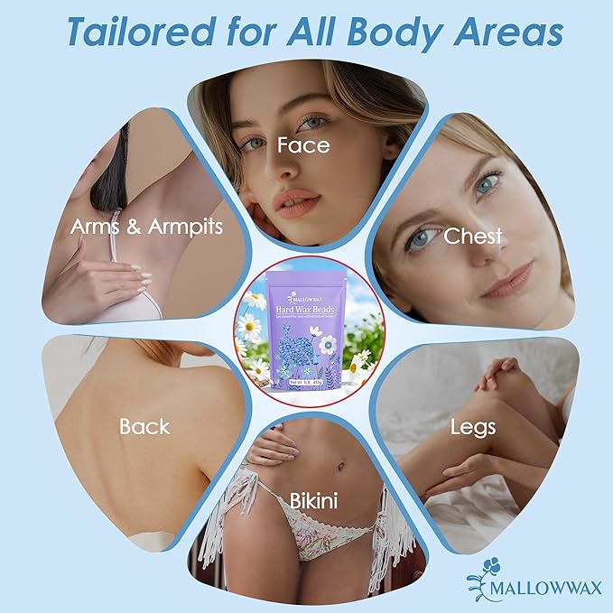 Mallowwax Hard Wax Beads, 1lb Blue Stripless Wax For All Skin Types, Brazilian Wax Beads For Bikini Wax, Face, Eyebrows, Underarms, Legs, Full Body Hair Rmoval For Women and Men