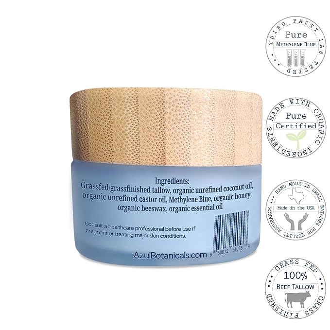 Methylene Blue Infused Whipped Grass Fed Beef Tallow Balm, Anti-Aging, Moisturizer, Stretchmarks, Rosacea, Psoriasis, Eczema, Acne, All skin types, (1.7 oz)