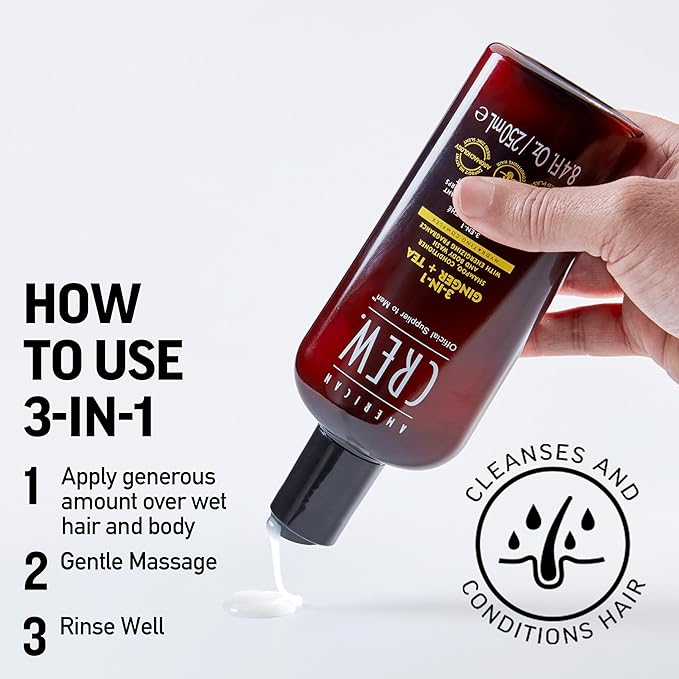 AMERICAN CREW 3-in-1 Ginger & Tea, Shampoo, Conditioner & Body Wash for Men, All-in-One Care with Revitalizing and Refreshing Fragrance, 33.8 fl oz