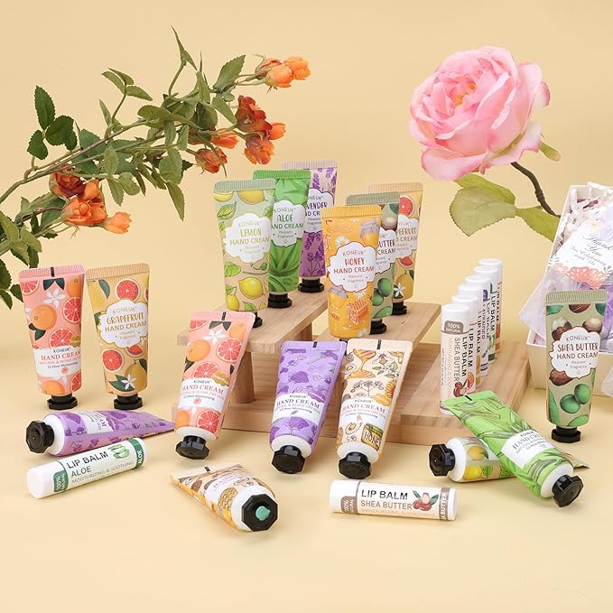 KONEUK 36 Pack Hand Cream Bulk and Lip Balm Bulk Sets, Mothers Day Gifts, Thank You Gifts and Birthday Gifts with Thank You Card Organza Bags, Teacher Appreciation Gifts and Nurses Week Gifts