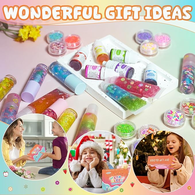 DIY Lip Gloss Making Kit - All-in-One to Make Your Own Lip Care Gloss Set with Clear Base, Pigments, Glitter, Tubes, Fun Creative Gift for Women Girls Makeup Lovers in Christmas Birthdays