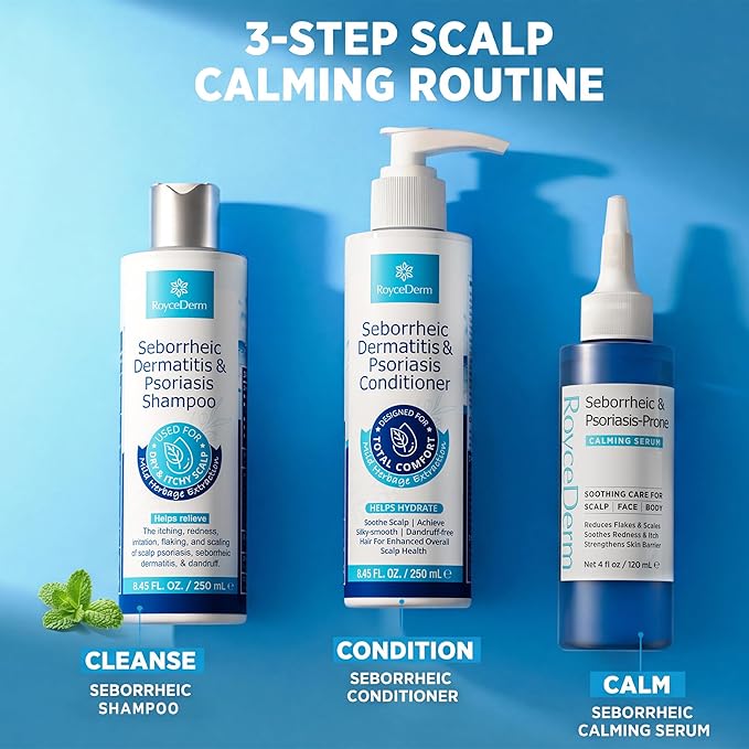 Roycederm 3-Step Routine Bundle for Seborrheic Dermatitis & Psoriasis Scalp Care - Shampoo + Conditioner + Calming Serum