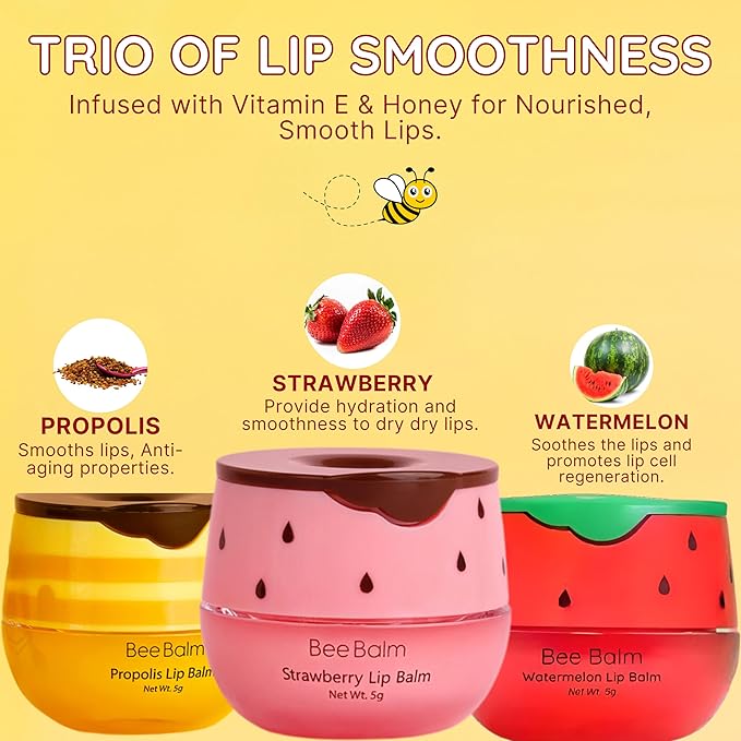 Original My Bee Balm Lip Balm – Hydrating Lip Care with Watermelon, Strawberry & Honey Pot – Moisturizing Balm for Dry, Chapped & Cracked Lips with Propolis, Honey & Vitamin E
