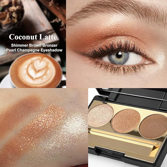 KYDA 3 Colors Eyeshadow Plaette, Shimmer Brown Eyeshadow, Pearl Champagne Bronzer Eyes Shadow, Lasting High Pigment Neutral Earth Tone Eye Shadow, Mini Eyes Glitter Makeup Pallet for All Skin