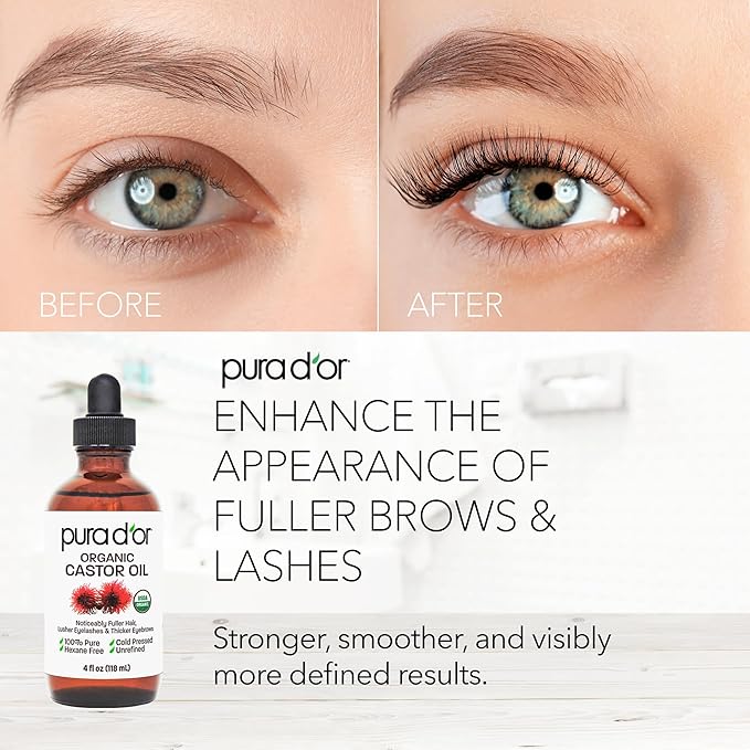 PURA D'OR 4 Oz Organic Castor Oil – Pure Cold-Pressed, Hexane-Free, USDA Certified – Lashes, Brows, Hair Relaxer, Scalp, Skin – Moisturizer Supporting Softness, Strength, Hydration, Shine & Radiance