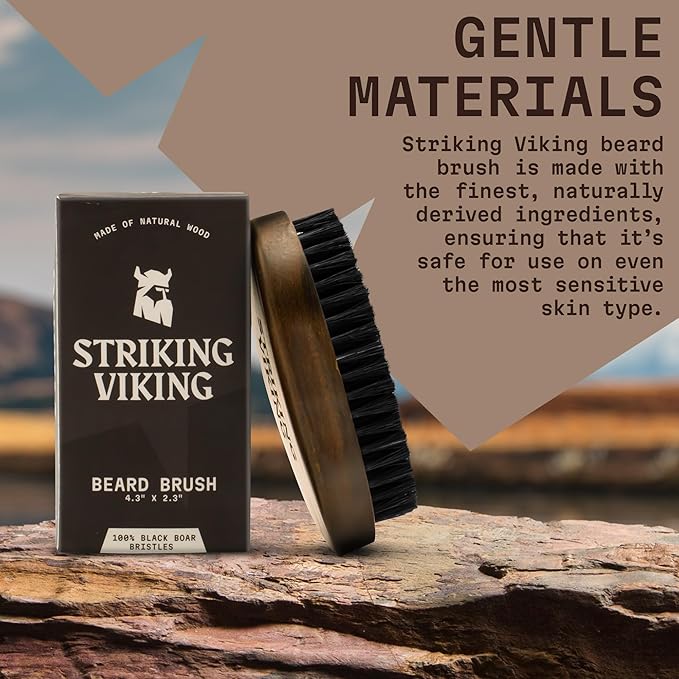 Striking Viking Beard Brush for Men - 4.3 in Beech Wood Handle, Brown - Boar Bristle Beard Brush & Grooming Brush - Travel Size Pocket Groomer