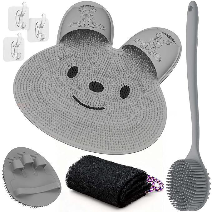 Manmihealth Extra-Large Shower Foot Scrubber Mat with Non-Slip Suction Cups, Silicone Body Scrubber with Long-Handle, Shower Bath Glove, Bath Sponge Net Combation (Gray)