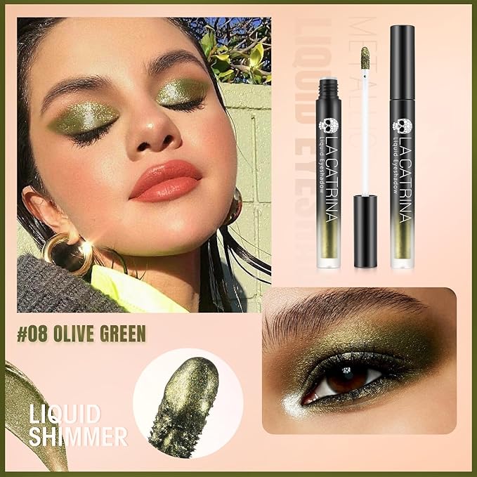Olive Green Liquid Metallic Eyeshadow, High Impact Sparkle Liquid Eye Shadow for Hazel Eyes, Long Lasting Quick-Drying Shimmer Eyeshadow Eyeliner Makeup for Daily, Party,Vacation, No Fading, Vegan #08