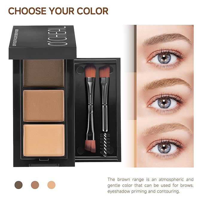 CCbeauty Eyebrow Powder Makeup Kit,3 Colors Eye Brow Powder Palette, Long Lasting Waterproof Brown Brow Filler, With Buit-In Mirror, Brow Brush, Brow Razor, Brow Tweezers, 10Pcs Eye Brow Stencil