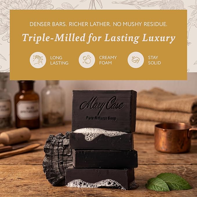 Mary Case Activated Charcoal Bar Soap Set of 4 | Natural Soap with Olive & Coconut Oils | Vegan Bath Soap for Men & Women | Deep Cleansing, Detoxifying Pores & Removing Impurities