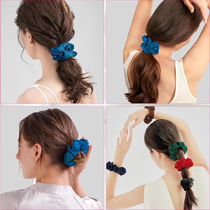 SALE 100% Pure Mulberry Silk Hair Scrunchies16 Momme silk scrunchies 100% Silk Hair Scrunchies Silk Hair Ties for Women Girls Curly Thick Thin Hair Women's Black Satin Sleep (1, 09 blue)