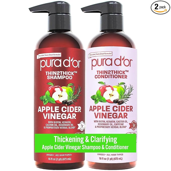 PURA D'OR Apple Cider Vinegar Thin2Thick Set (16oz x 2) ACV Shampoo & Conditioner, Clarifying - Biotin, Keratin, Caffeine, Castor Oil, Aloe - All Hair Types, Men & Women (Packaging may vary)
