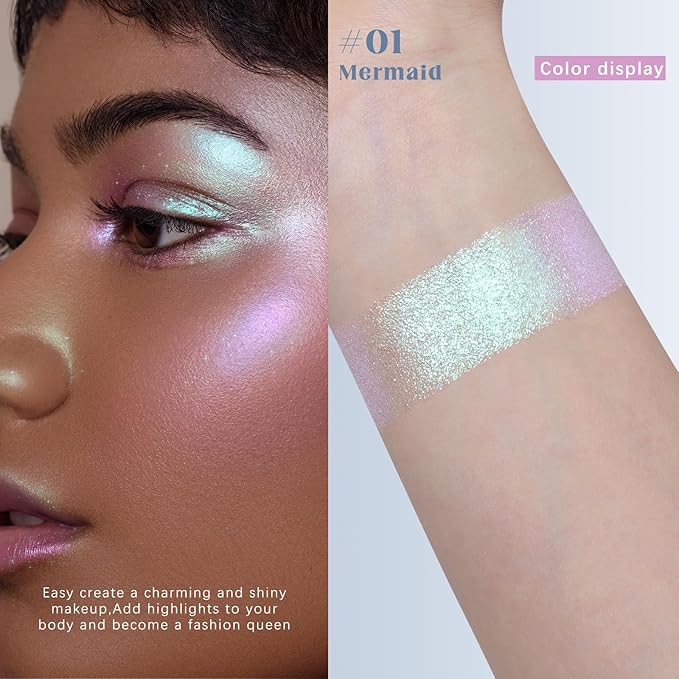 HOSAILY Chameleon Mermaid Glitter Eyeshadow, Duochrome Color Shifting Metallic Single Eyeshadow, Holographic Sparkling Inner Corner Iridescent Shimmer Eye Highlighter Makeup Palette 01