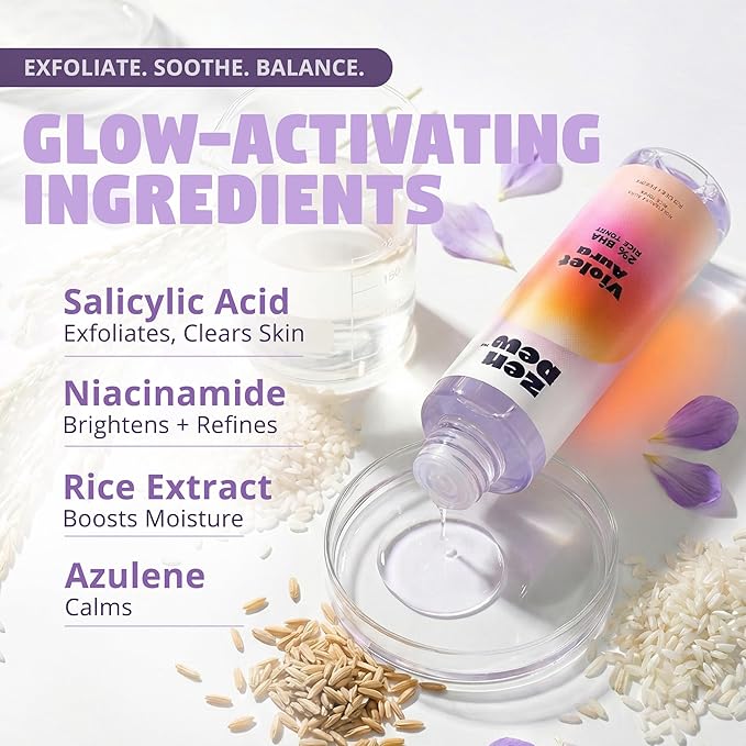 Violet Aura - 2% BHA Exfoliating Toner with Salicylic Acid for Sensitive Skin. Gentle, Hydrating Formula. 2% Niacinamide, Rice Extract & Azulene. Glass Skin, Smoother Texture & Barrier Support