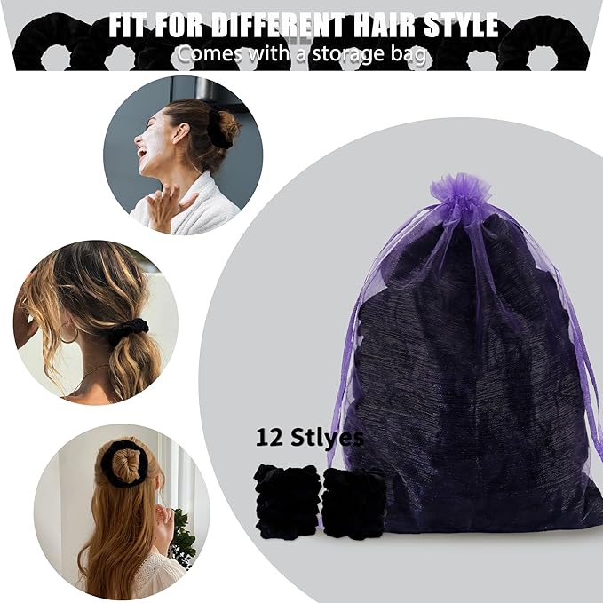 12 Pcs Scrunchies for Women, Premium Velvet Soft Scrunchies, Black Elastic Hair Bands, Bulk Hair Ties for Girls and Suitable for Various Occasions(Classic Black)