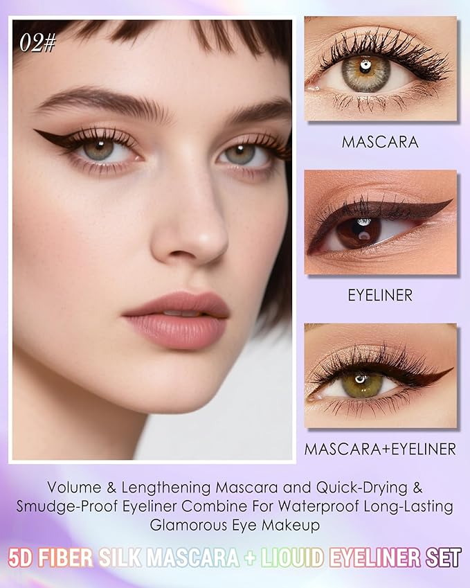 Brown Mascara Liquid Eyeliner Set, Update Longlasting Waterproof Color Eye Liner Pen, 5D Silk Fiber Colored Mascara Volume and Length,Women's Day Party Stage Use Eye Makeup Gift Kit for Women Girl-02