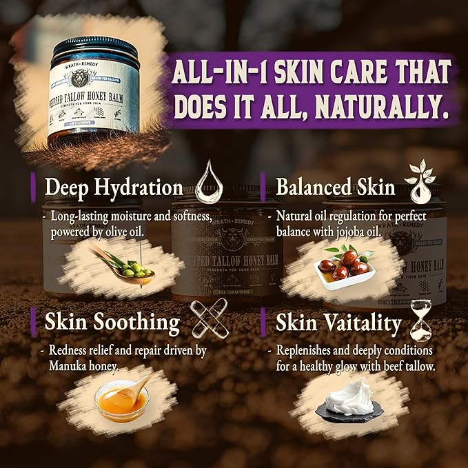 Organic Beef Tallow for Skin - 4 OZ (Lavender) — US-Made Grass Fed Beef Tallow for Face + Body — Whipped Tallow and Honey Balm Moisturizer for Dry and Sensitive Skin, Eczema, Rosacea (No Additives)
