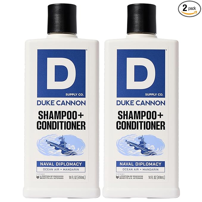 Duke Cannon Supply Co. 2-in-1 Hair Wash - Masculine Scent - Gentle Cleansing Hair Wash For Men - Stimulating Hair Shampoo & Conditioner - Strengthens Hair - Naval Diplomacy - 2 Pack (14 oz)