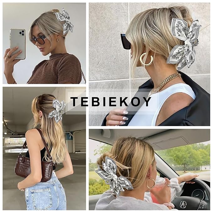 Boho Bandana Hair Claw Clips for Women, 2 Pcs Extra Large Claw Clips for Thick Hair Paisley Hair Clip Bow Knot Adorable Hair Claws Non-slip Fashion Hair Accessories Gift for Women Teen Girls