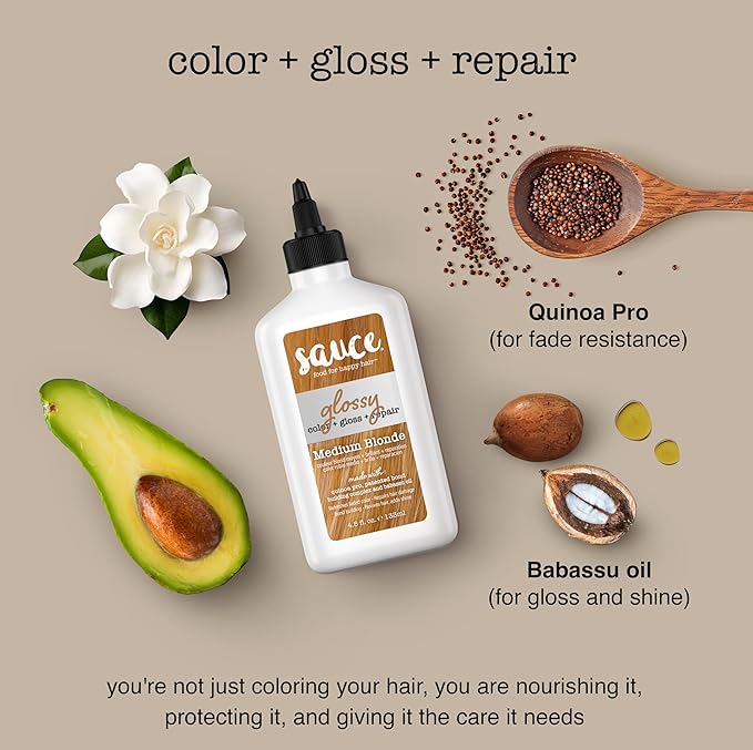 Sauce Beauty Glossy Color + Gloss + Repair, Medium Blonde, Semi Permanent Hair Dye with Bond-Building and Color-Fade Protection Technology, Adds Shine & Deep Moisture, Lasts 4-8 Weeks, Stops Fade