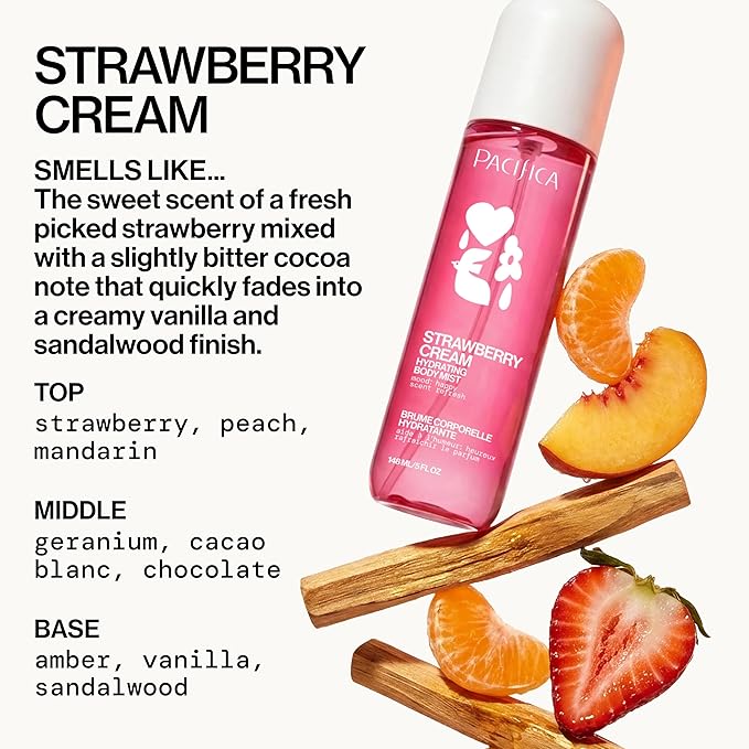 Pacifica Strawberry Cream Fruity Body Mist for Women – Sweet Strawberry Vanilla Cream Fragrance Spray, Hydrating, Odor Neutralizing, Vegan & Cruelty-Free, Phthalate-Free, 5 oz