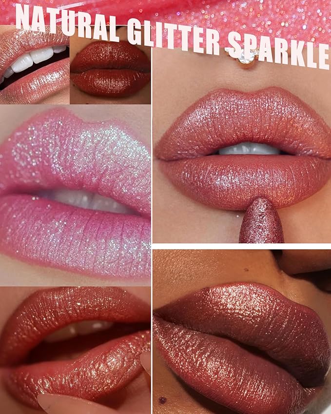 Brown Red Metallic Glitter Lipstick Long Lasting, Diamond Nude Shimmer Lip Gloss High Pigmented Matte Lip Stick for Women, Sparkling Shiny Transfer Proof Non Stick Tinted Lip Color Balm Makeup-04