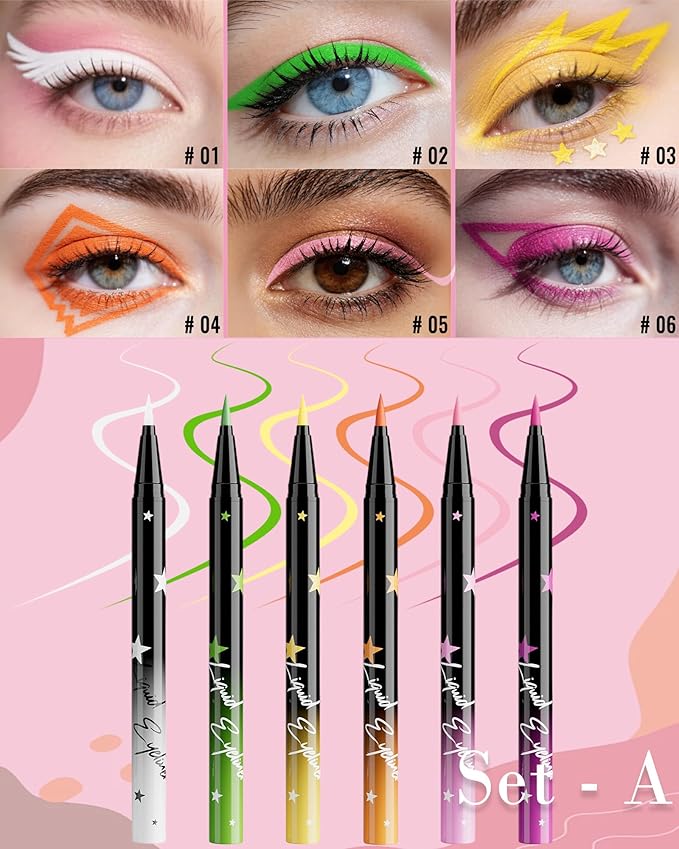 6Pcs Colored Liquid Eyeliner Pen Set Pack, Waterproof Waterline Matte Eye Liner Pencil, White Green Yellow Orange Light Pink, High Pigmented Longwear Quick Drying Colorful Eyeliner Pen for Women-Set A