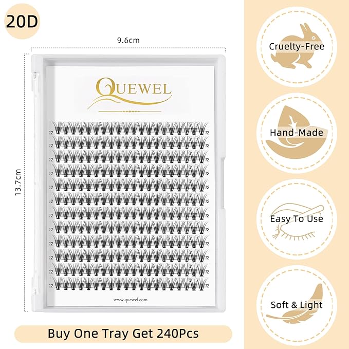 QUEWEL Cluster Lashes 240Pcs Individual Lash 20D 0.07D Curl 12mm Knot-Free Lash Extensions Clusters Lashes Soft&Natural False Eyelashes Individual DIY Eyelash Extension at Home(20D 0.07D 12)