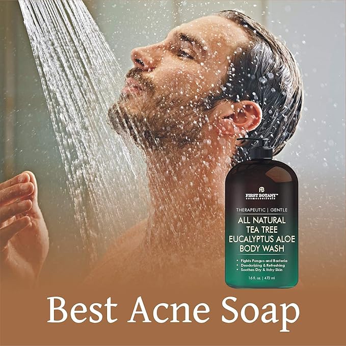 First Botany, All Natural Tea Tree Body Wash Fights Body Odor Athlete's Foot Jock Itch Nail Issues Dandruff Acne Eczema Yeast Infection Shower Gel Eucalyptus & Peppermint Aloe Skin Cleanser 16 X 2 fl