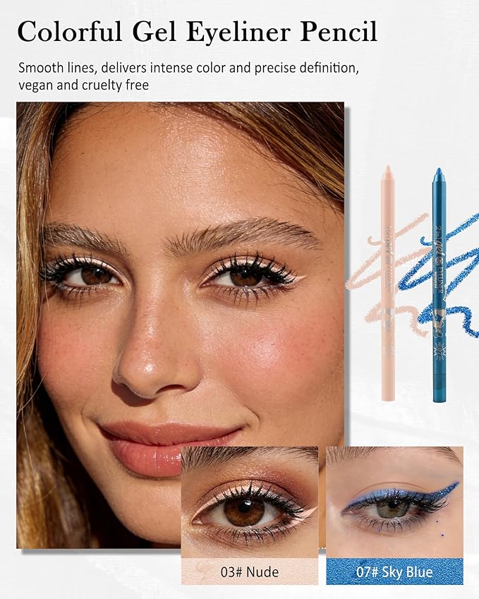 Nude Sky Blue Eyeliner Pencil Gel, Multi-Use Colorful Eyeliner Waterline Waterproof Smudge-Proof Long Stay, High Pigmented Shimmer Cream Eye Liner Pen with Sharpener, Safe for Sensitive Eyes Makeup
