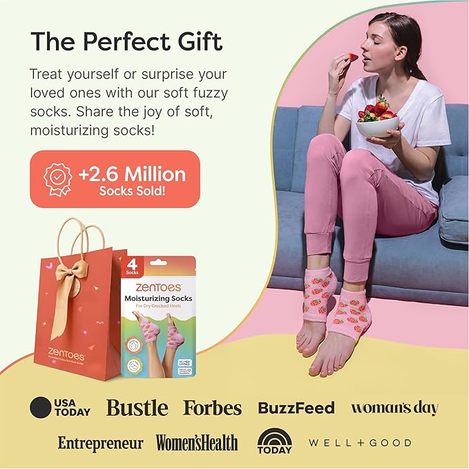 ZenToes Moisturizing Socks for Cracked Heel Treatment, Vitamin E, Olive Oil and Jojoba Oil Infused Heel Socks, Spa Gifts for Women, Mothers Day Gifts (Pink Strawberries, Regular)