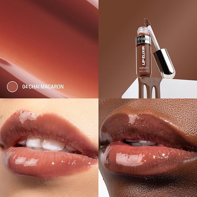 Sacheu Lip Elixir Nourishing and Hydrating Lipgloss — Moisturizing Plumping Lip Gloss Enriched with Collagen, Non-Sticky Lip Color Smooth High-Shine Finish, Vegan & Cruelty-Free, Chai Macaron