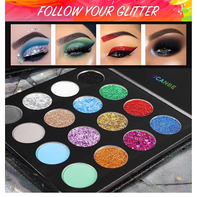 UCANBE Glitter Eyeshadow Makeup Palette - 12 Face Body Chunky & Fine Pressed Glitter + 4 Eye Shadow Powder Make Up Pallet for Theater Party Cosplay Halloween Christmas, Highly Pigmented Ultra Shimmer