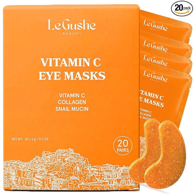 LE GUSHE Vitamin C Eye Patches with Collagen and Snail Mucin, Aloe Vera Eye Patches for Puffy and Dark Undereyes, Korean Skincare for All Skin Types, 20 Pairs
