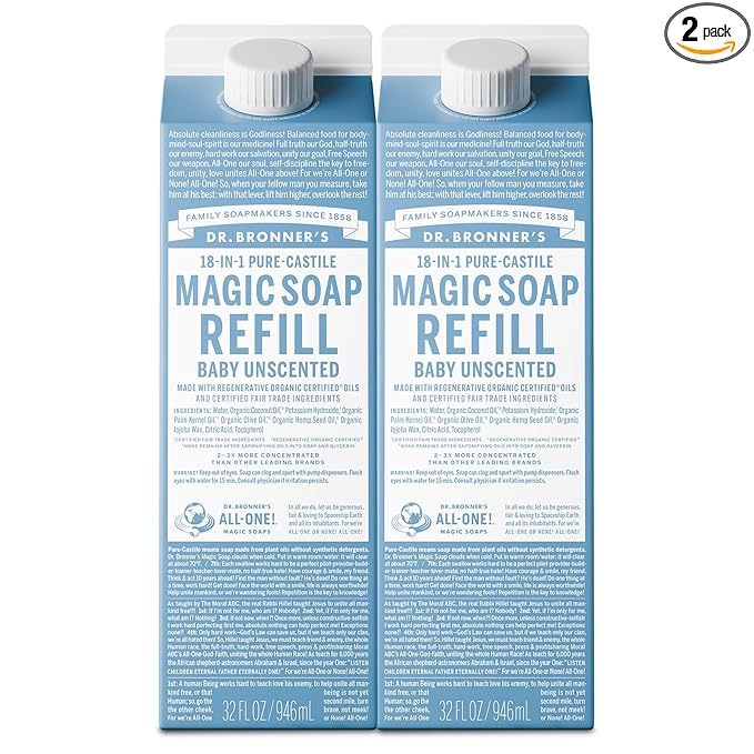 Dr. Bronner's Magic Soap-Pure-Castile Liquid Refill (Baby Unscented, 32 ounce, 2-Pack) - Made with Regenerative Organic Certified Oils, For Body, Hair, Laundry, Pets & Dishes, Concentrated, Vegan