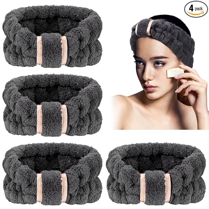 WILLBOND 4 Pack Microfiber Headbands Spa Facial Headbands Makeup Head bands Elastic Terry Cloth Head Wrap for Women Girls Washing Face Makeup Shower Yoga Sports(Black)