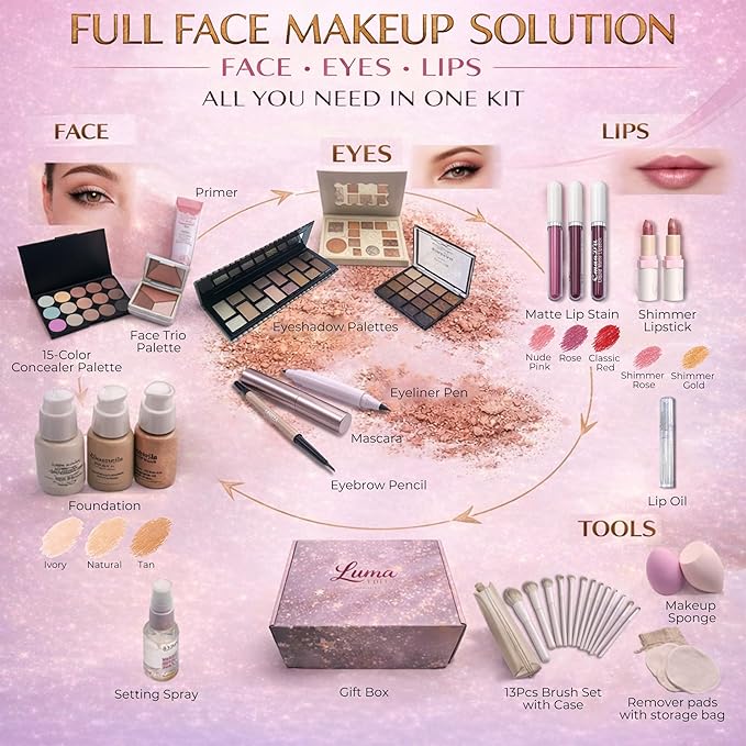 All in One Makeup Kit for Women & Beginners, Full Face Makeup Set with Eyeshadow Palette, Lip Gloss, Foundation & Brushes, Makeup Gift Set for Teens & Girls, Suitable for Different Skin Tones