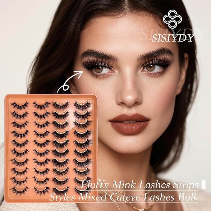 Mink Lashes Wispy Cat Eyelashes Strip False 3D Eyelashes 16mm Short Fluffy Lash Natural Look Faux Mink Cat eye Lashes Multipack Pack 2 Styles Mixed YH309