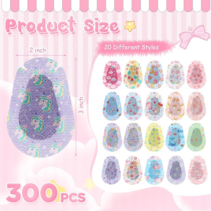 300 Pcs Adhesive Eye Patches for Kids Girls Cute Toddler Eye Patch Bulk Colorful Breathable Lazy Patch Cartoon Adhesive Bandages for Children Baby Light Blocking, 20 Styles, 3 x 2 Inches