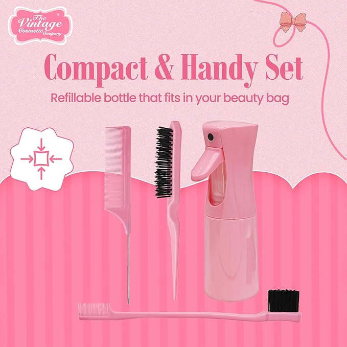 The Vintage Cosmetic Company Slick Bun Hair Misting Set for Women and Girls, Refillable Spray Bottle & Comb for Effortless Hair Styling and Refresh