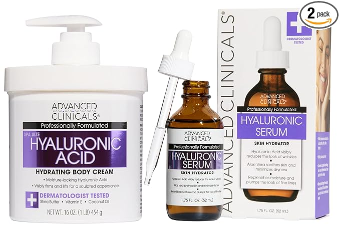 Advanced Clinicals Hyaluronic Acid Moisturizer Body Cream + Hyaluronic Acid Serum 2PC Skin Care Set | Face Serum & Body Lotion Help Diminish Appearance Of Wrinkles, Fine Lines, & Dry Skin, 2PC Bundle