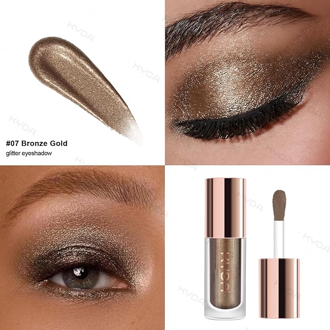 KYDA Liquid Glitter Eyeshadow, High Pigment Bronze Gold Metallic Glittery Eyeshadow, Soft Lightweight Creamy Formula, One-Swipe Coverage, Long-wearing Crease-Resistant Eyes Glitter Makeup, 0.25oz