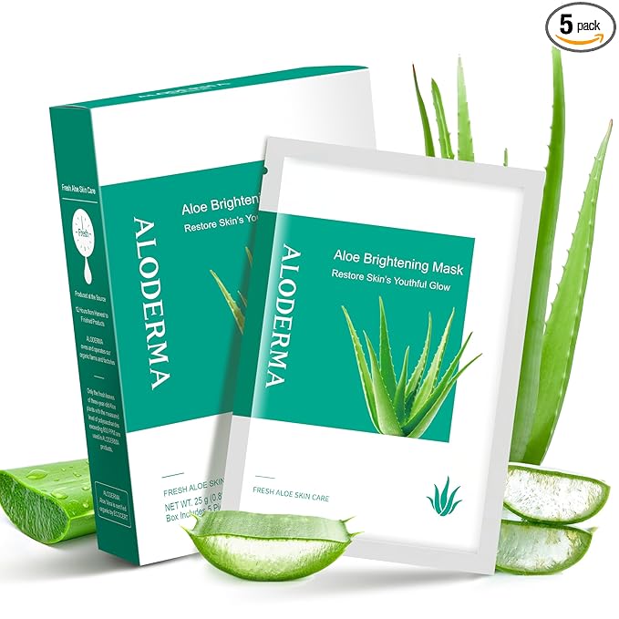 Aloderma Brightening Sheet Masks with 88% Organic Aloe Vera - 5 Pack Facial Masks with Niacinamide, Arginine for Radiant Skin - Evens Skin Tone & Revitalizes Rough, Dull Skin - Aloe Face Mask Sheet